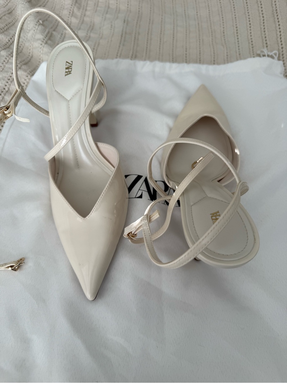 Zara Ivory Patent Pointed-Toe Strappy Heels